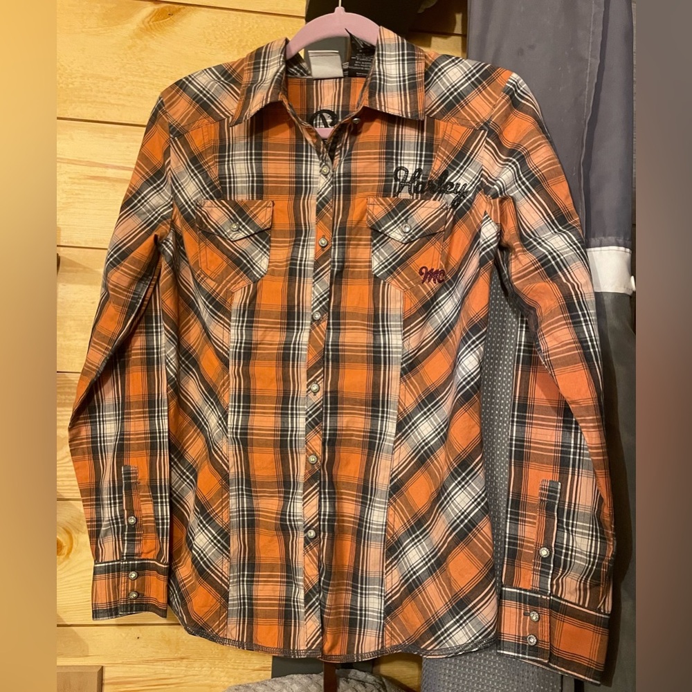 Harley Davidson Black/Orange Plaid Shirt, Women’s Medium (available in Size 1W)